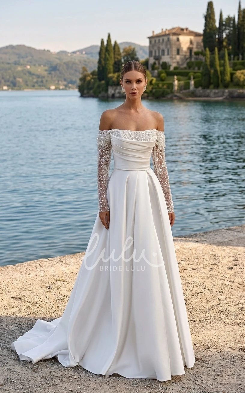 Romantic Modest A-Line Long Sleeve Ball Gown Spring Wedding Dress Modern Princess Off-Shoulder Illusion Sequined Satin Bridal Gown