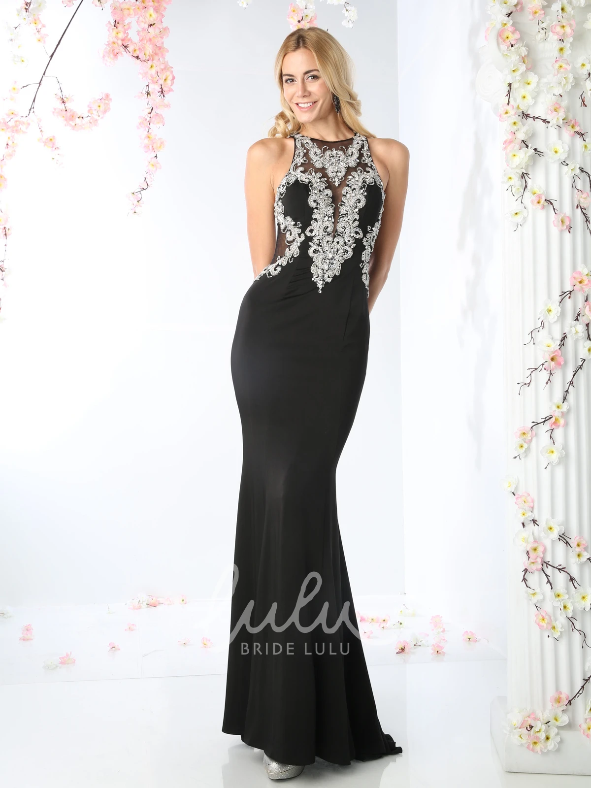 Sleeveless Sheath Jersey Illusion Formal Dress with Jewel-Neck and Beading