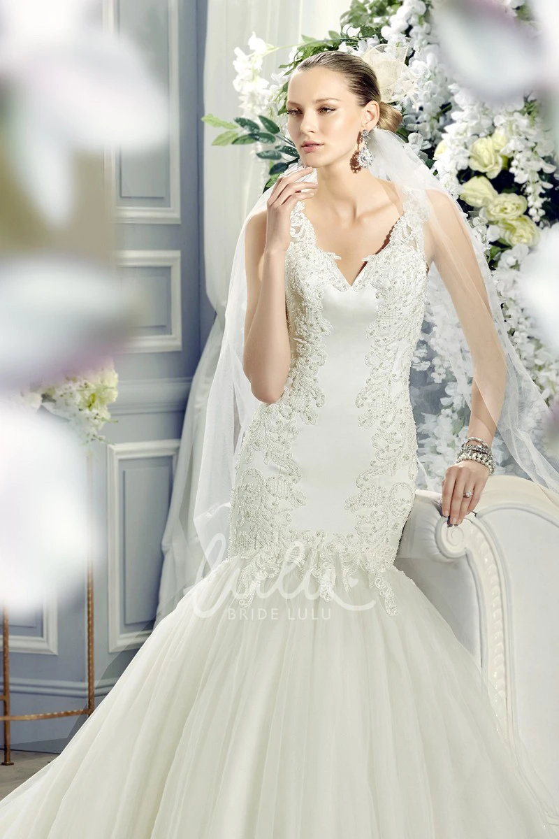 Mermaid V-Neck Lace&Tulle Wedding Dress with Appliques and Illusion Back