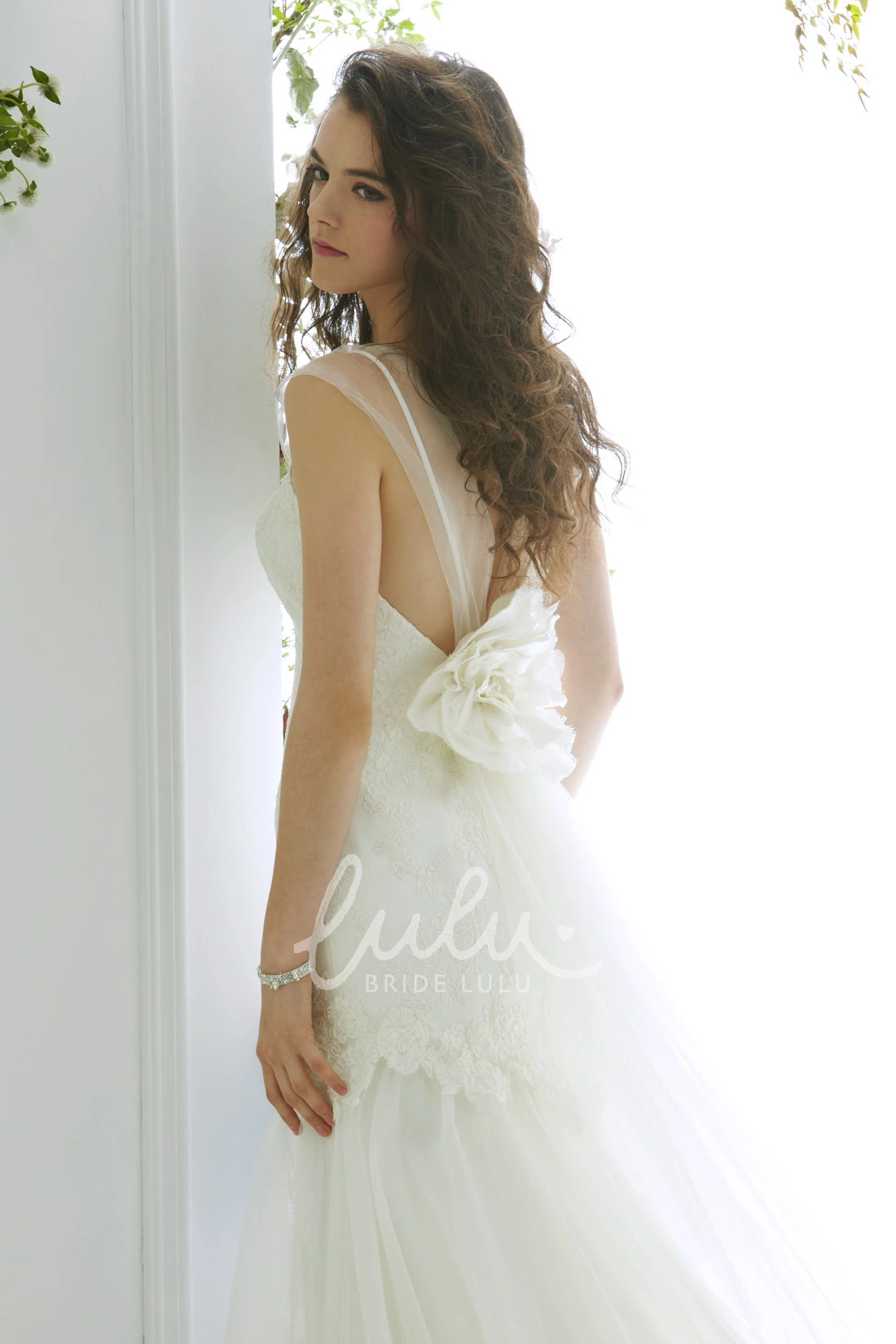 Lace Trumpet Wedding Dress with Cap-Sleeves Low-V Back and Floral Detail