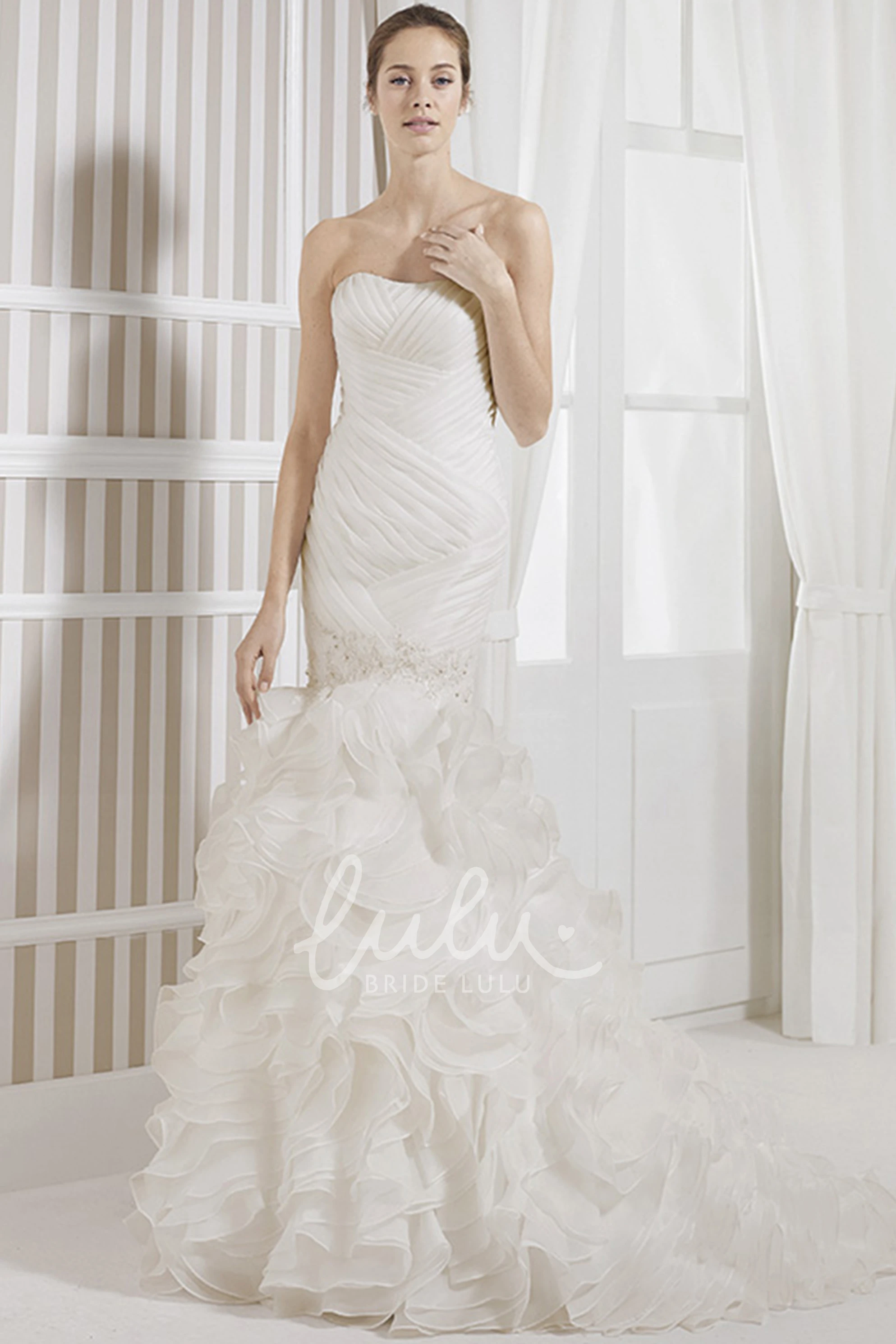 Strapless Trumpet Organza Wedding Dress with Ruching Beading and Ruffles Modern Wedding Dress