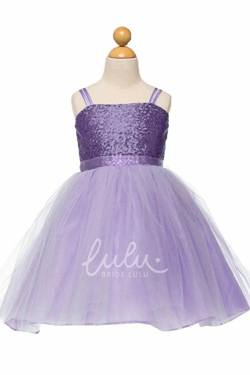 Sequin Spaghetti Strap Flower Girl Dress Midi Wedding Dress