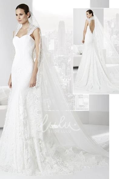 Floor-Length Queen-Anne Sheath Lace Wedding Dress with Appliques Unique Bridal Gown
