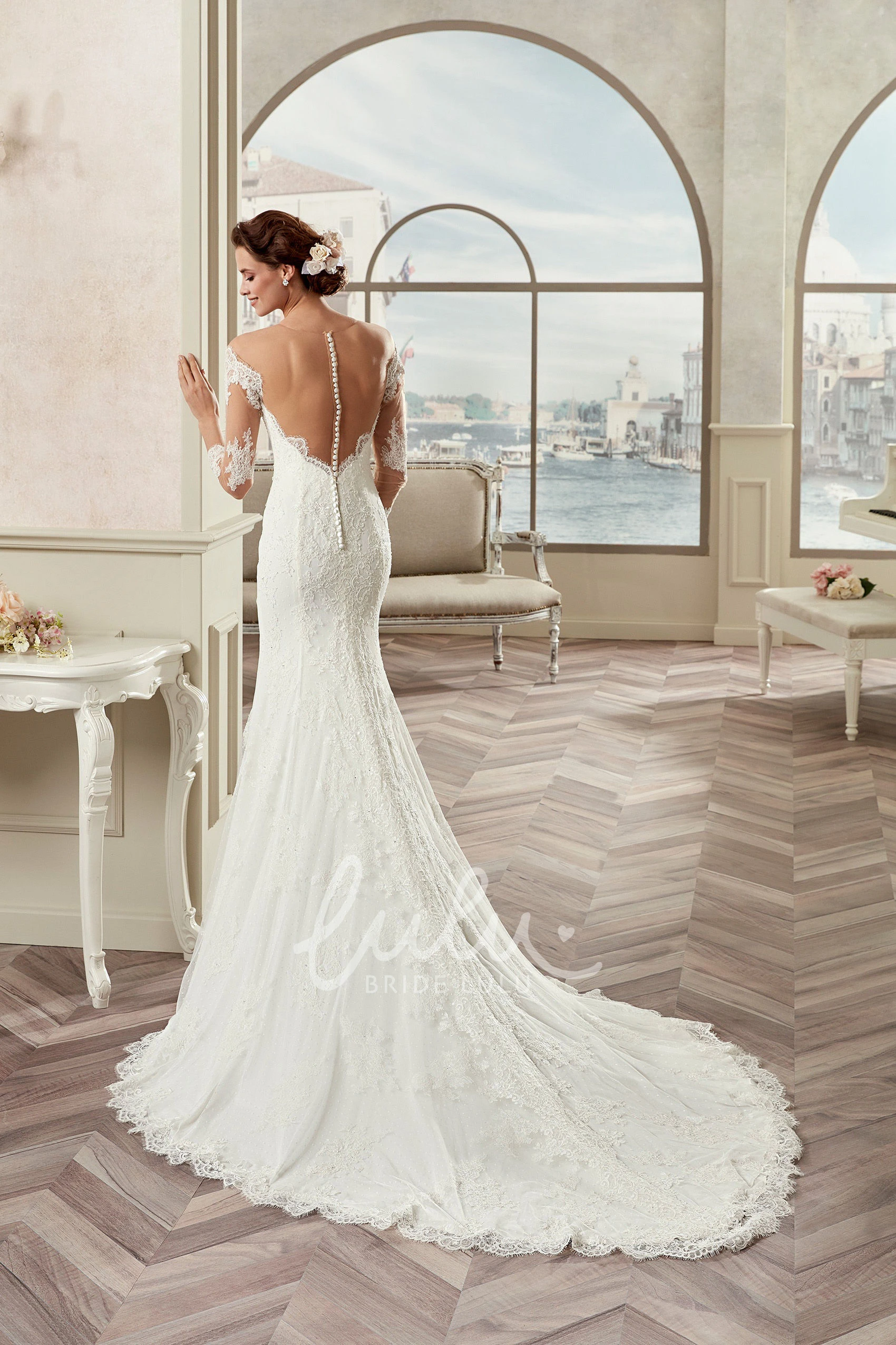 Long Sleeve Sheath Bridal Gown with Sweetheart Neckline and Detachable Train