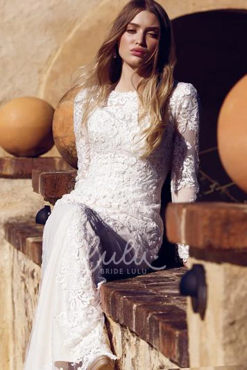 High Neck Sheath Wedding Dress with Tulle and Lace Long-Sleeved Bridal Gown