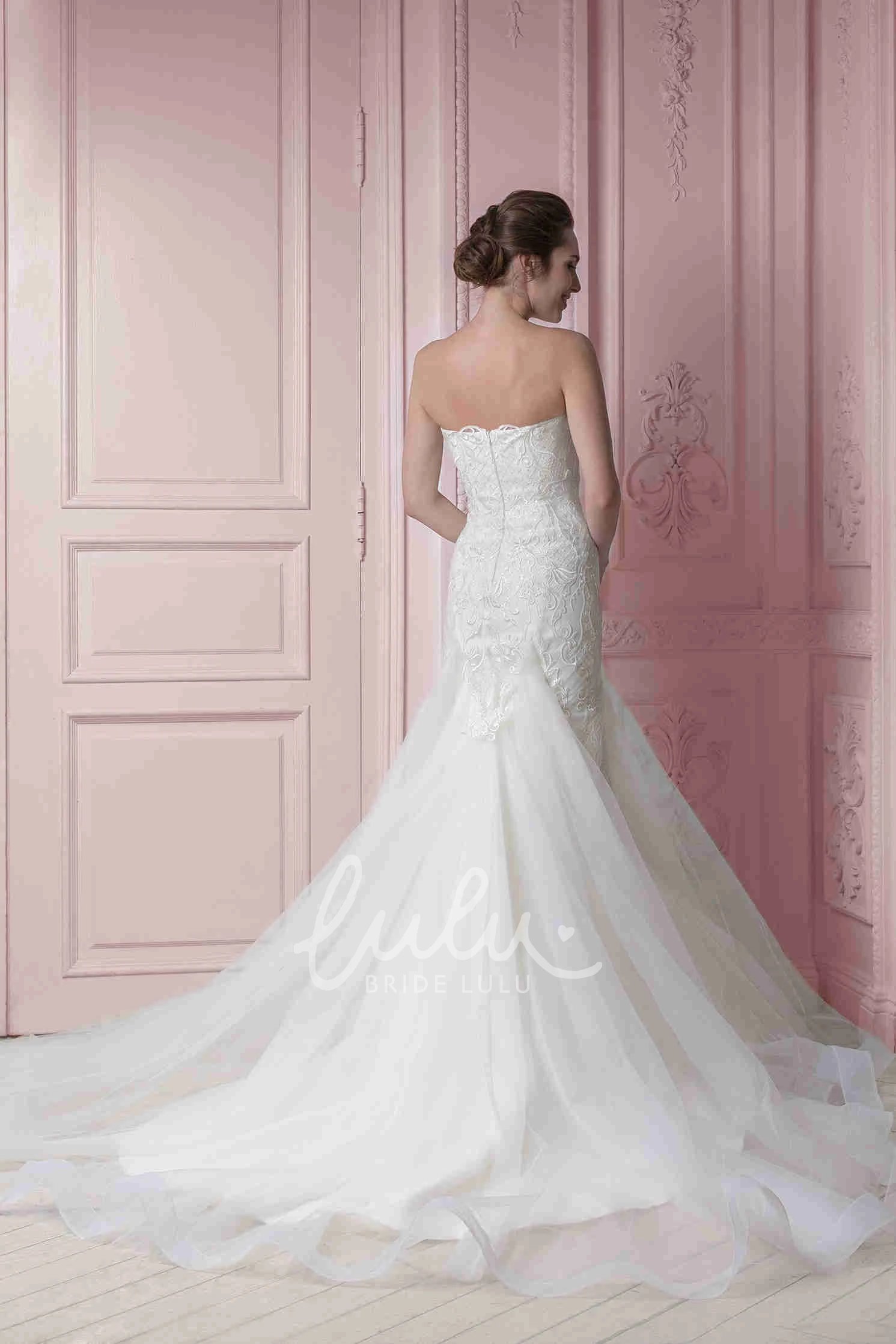 A-Line Embroidered Strapless Tulle Wedding Dress with Ruffles Floor-Length Sleeveless