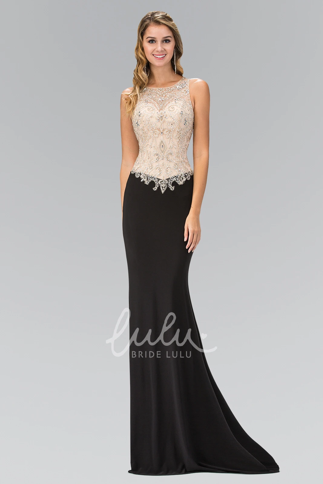 Elegant Sheath Jersey Dress with Illusion Neckline and Beading