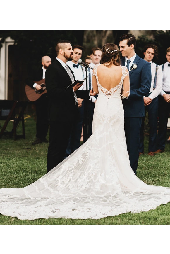 Lace Bohemian Cathedral Train Wedding Dress with Deep-V Back