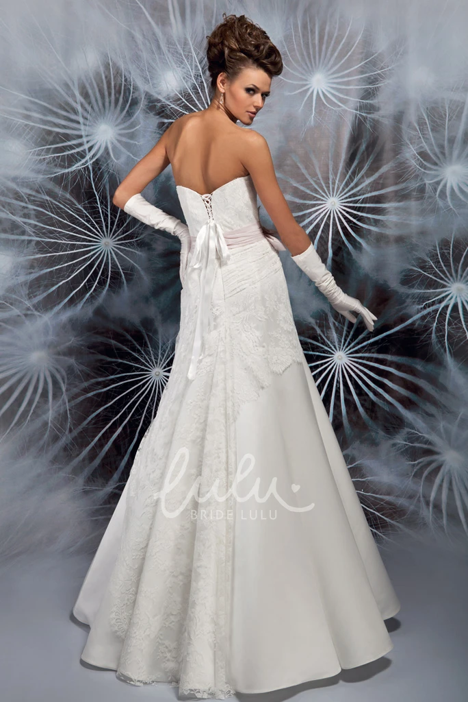 Strapless Lace Satin Wedding Dress with Ruching A-Line Maxi Style