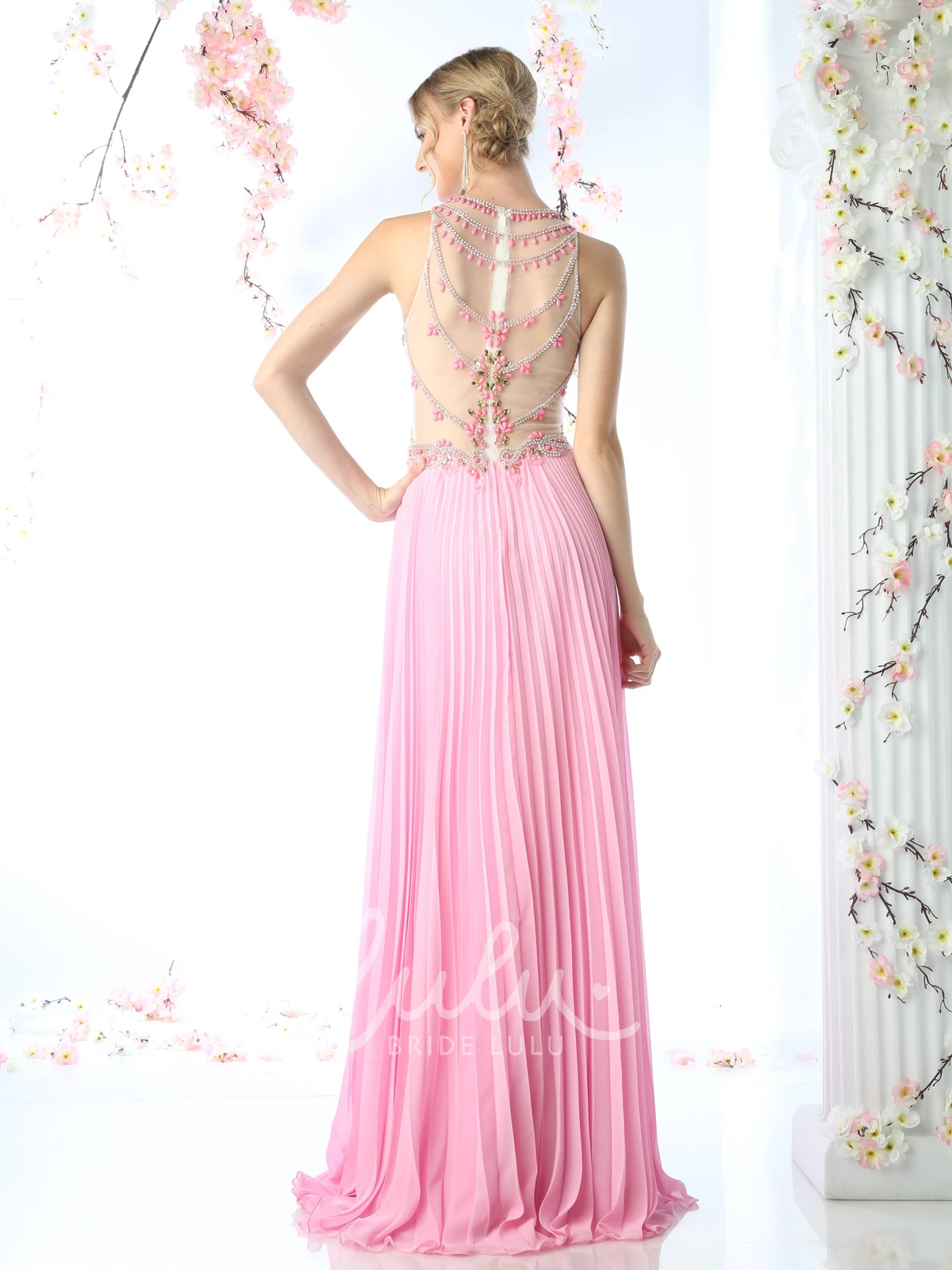 Pleated Chiffon Illusion Dress A-Line Scoop-Neck Sleeveless