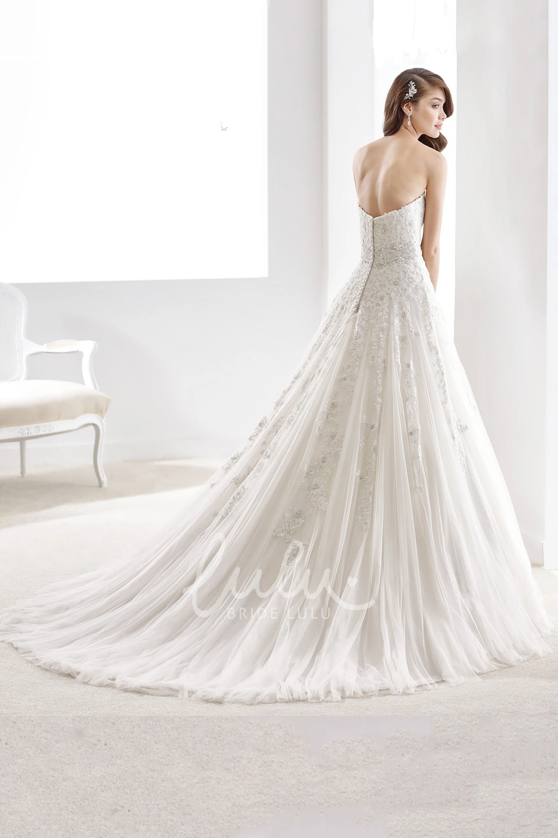 A-line Appliques Strapless Wedding Gown with Brush Train and Crystal Waist Simple Wedding Dress Women's Elegant