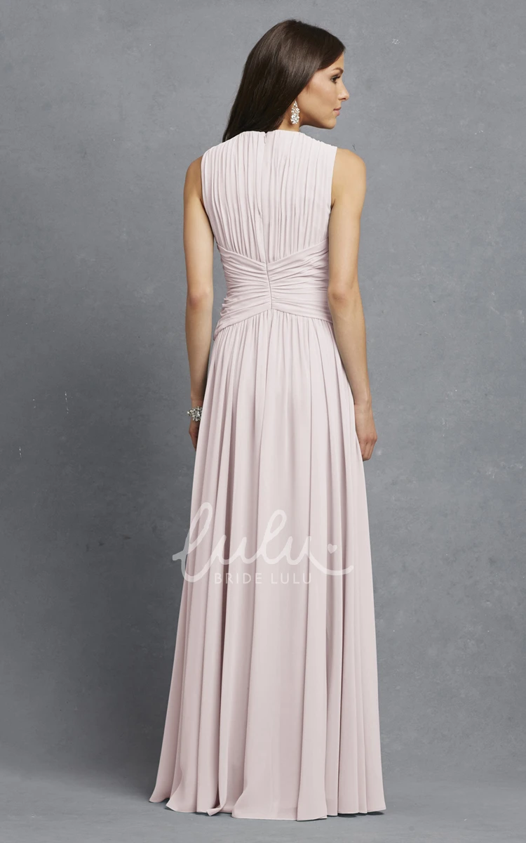 V-Neck Sleeveless Chiffon Dress with Ruching and Crisscross Detail