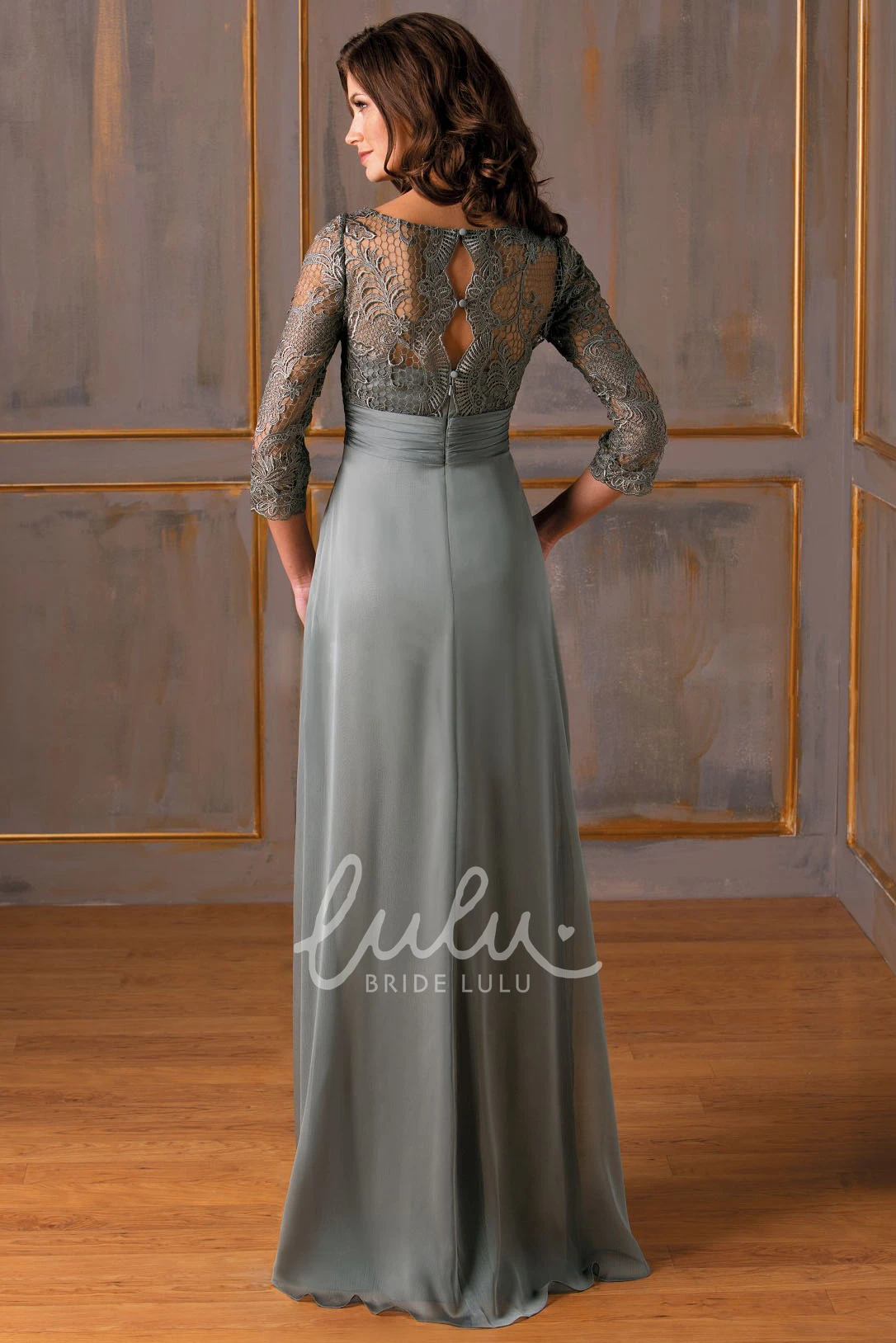 Lace Bodice Gown with Keyhole Back and 3/4 Sleeves for Mother Of The Bride