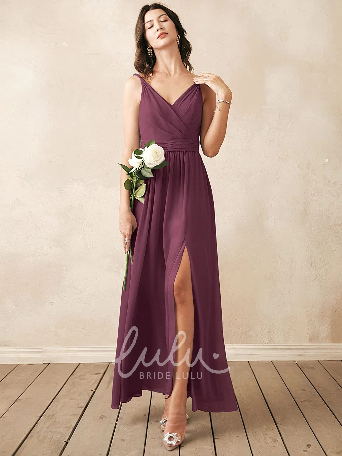 V-Neck Chiffon Ankle-Length Bridesmaid Dress with Ruching Sexy & Elegant