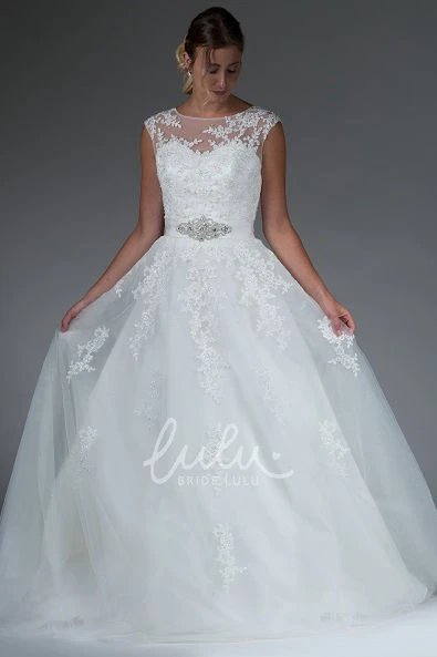Cap Sleeve Crystal Sash Ball Gown Warm Wedding Dress with Jewel Neckline