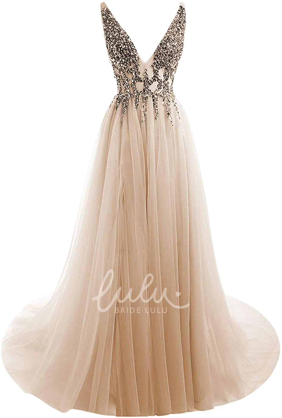 Sleeveless V-neck Tulle A-line Prom Dress with Beading Glamorous