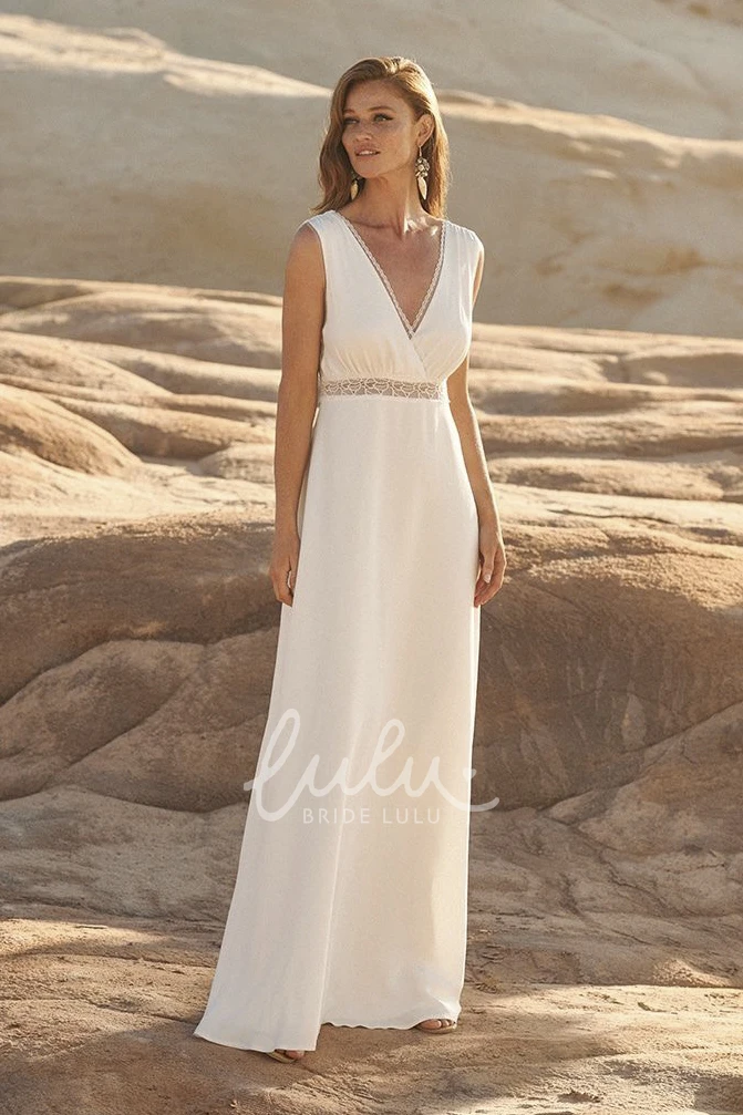 Sleeveless Lace Details Plunging Chiffon Wedding Dress