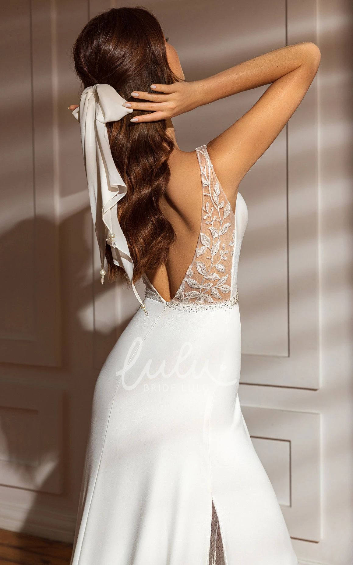 Elegant Satin V-neck Sheath Low-V Back Wedding Dress with Sweep Train