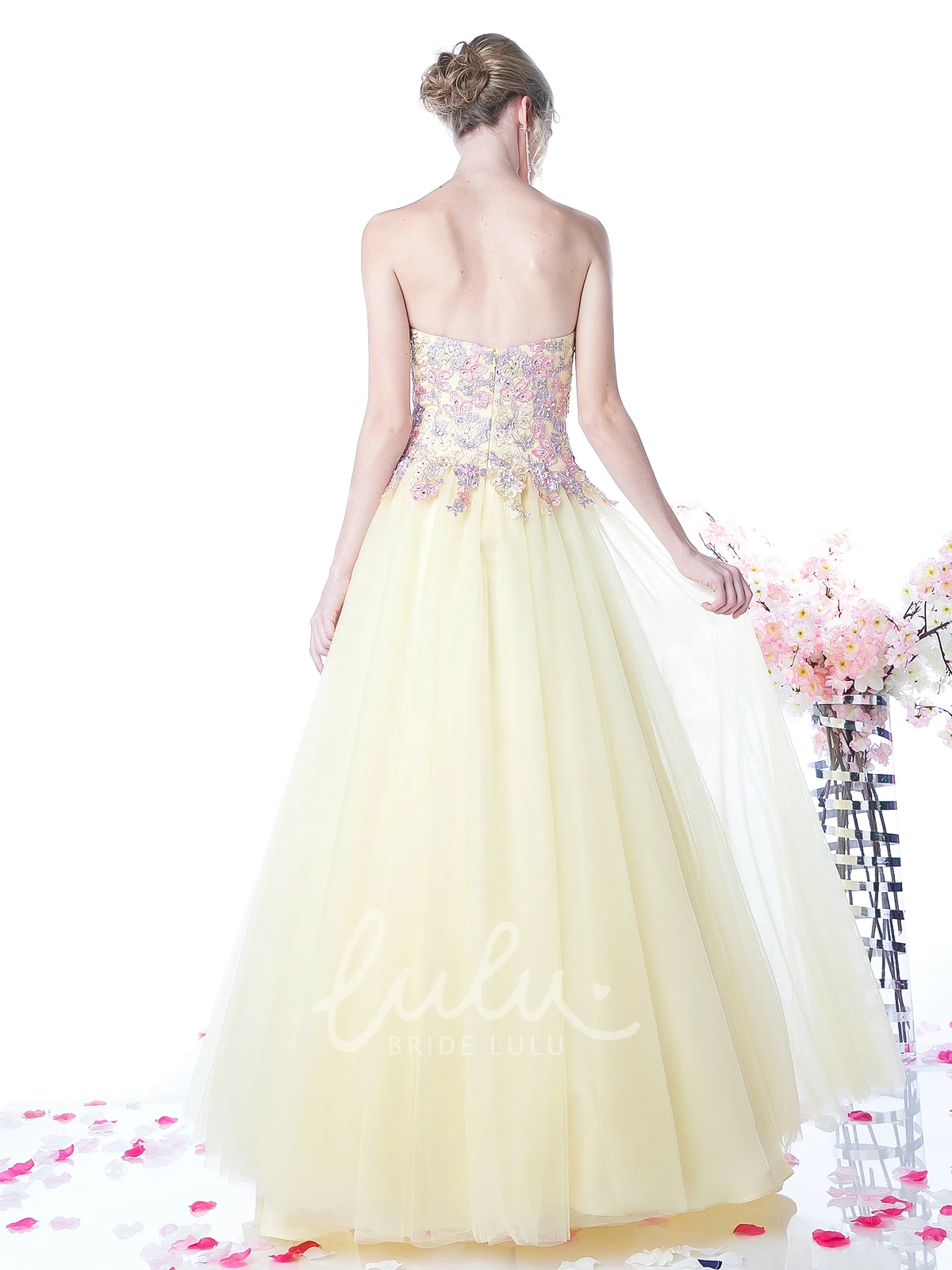 Tulle Satin Strapless Ball Gown Formal Dress with Appliques and Beading in Low-V Back