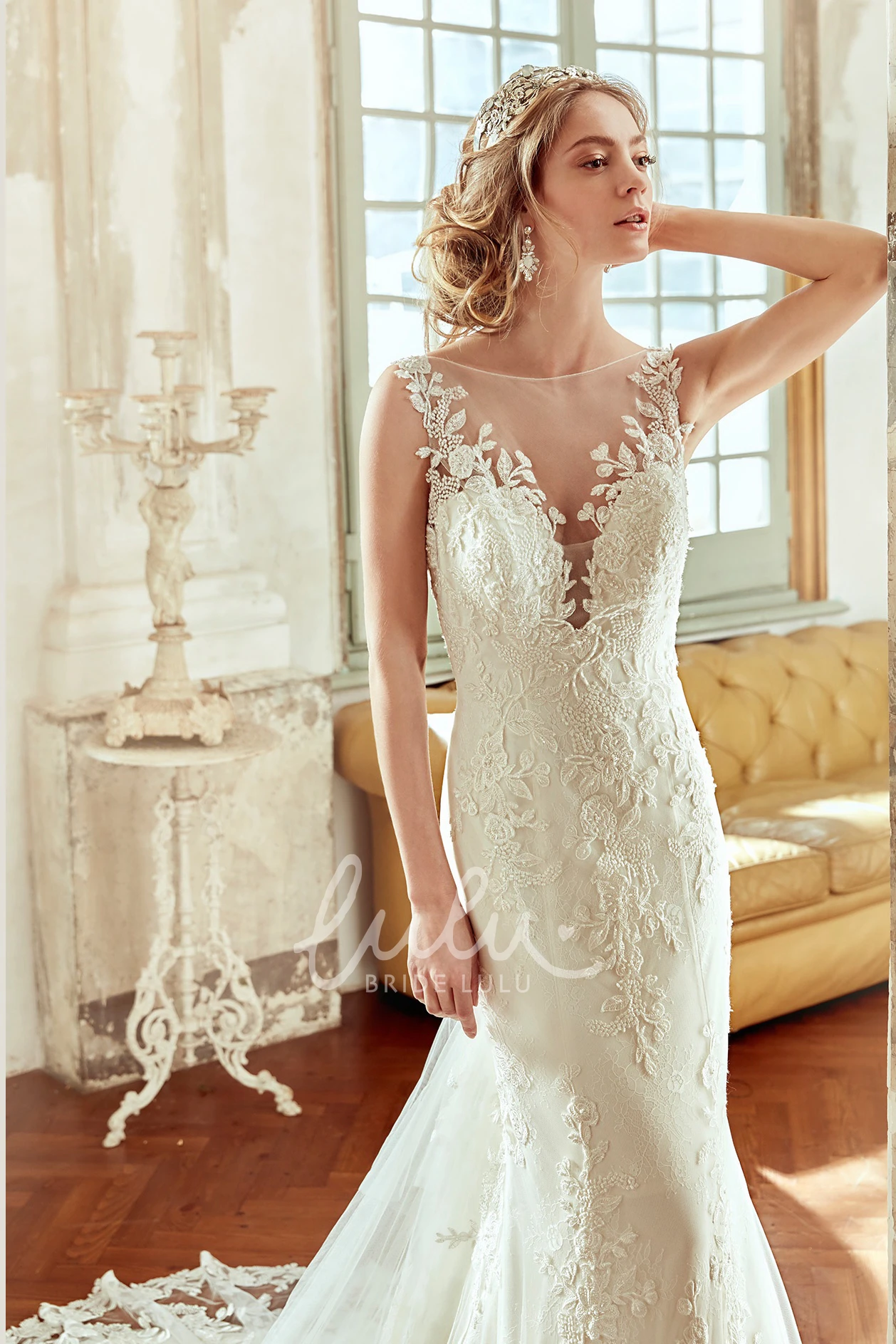 Sheath Winter Wedding Dress with Lace Floral Straps and Open Back Unique Bridal Gown