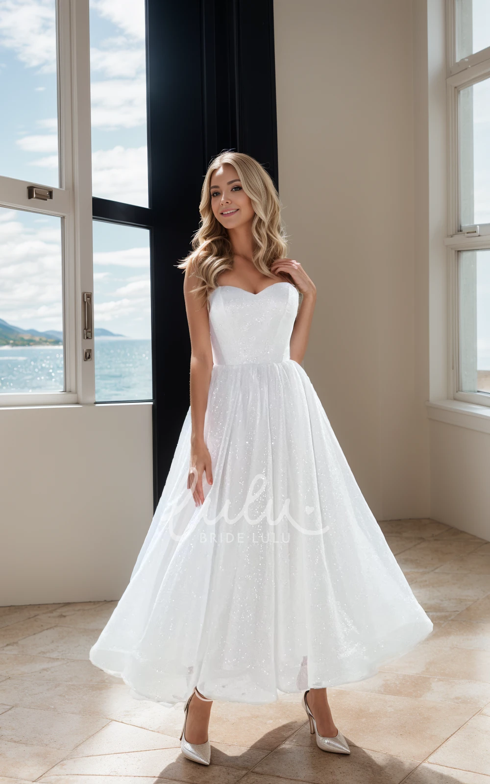 Simple A-Line Modern Sparkly Midi Spaghetti Wedding Dress Corset Back Ankle Length Gown