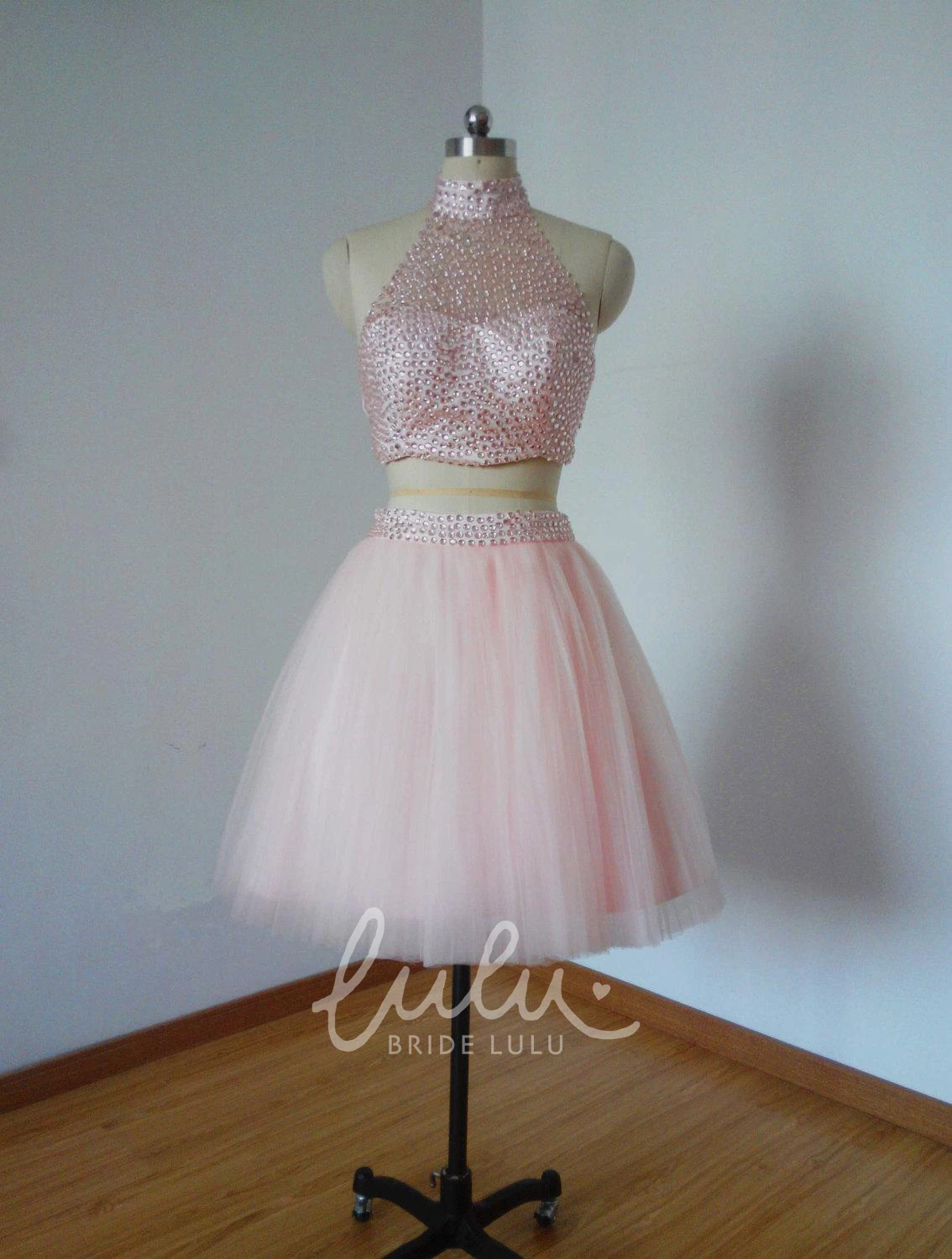 Two Piece Halter Beaded Tulle Cocktail Dress Lovely Prom Dress