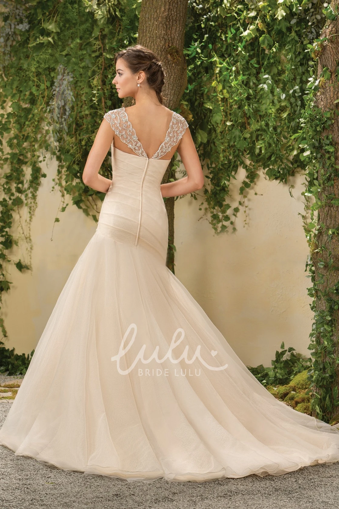 V-Back Cap-Sleeved Mermaid Wedding Dress with Jewels