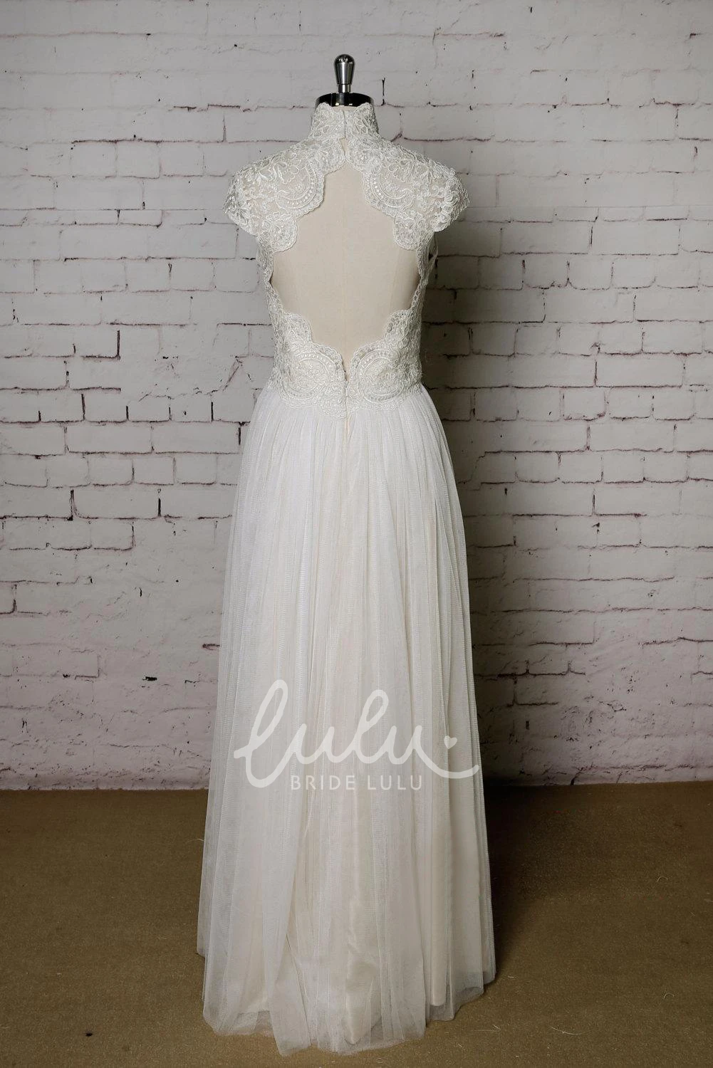 High Collor Tulle Skirt Lace Top Wedding Dress With Champagne Underlay