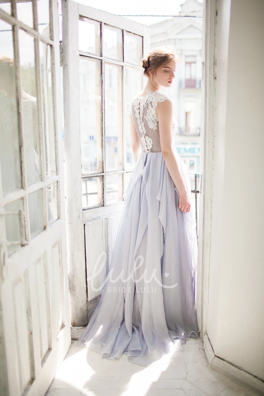 A-Line Chiffon Draped Dress with Lace Applique Top Sleeveless Jewel Neckline