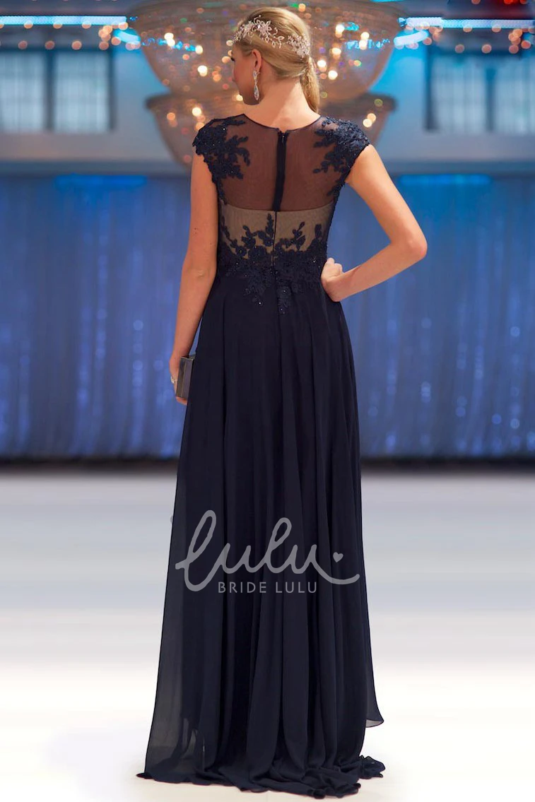 Sheath Chiffon Prom Dress with Beaded Cap-Sleeves Scoop-Neck Long Pleated