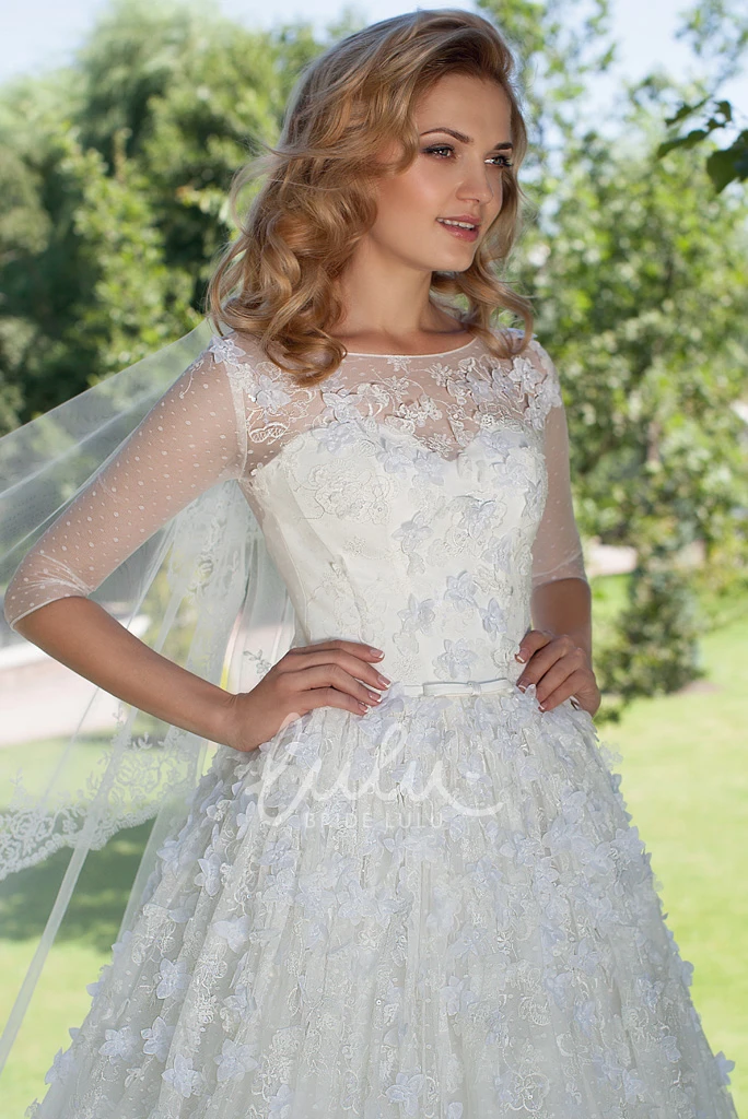 Tulle A-Line Wedding Dress with Bateau Neckline and Half Sleeves