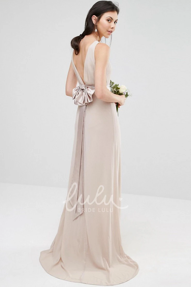 Jewel Neck Sleeveless Chiffon Bridesmaid Dress Floor-Length Sheath Bow