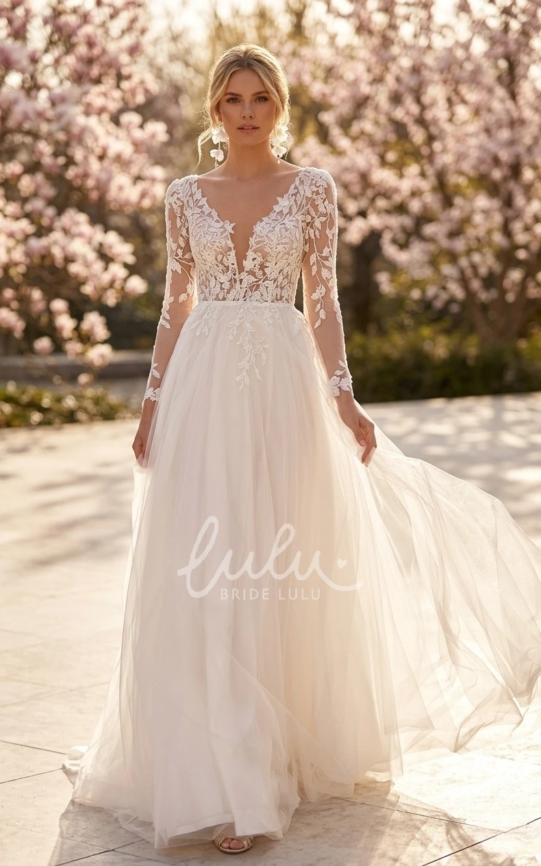 Modern Sexy A-Line Boho Sheer Long Sleeve Spring Wedding Dress Delicate Flowy V-Neck Backless Floor Length Bridal Gown with Appliques
