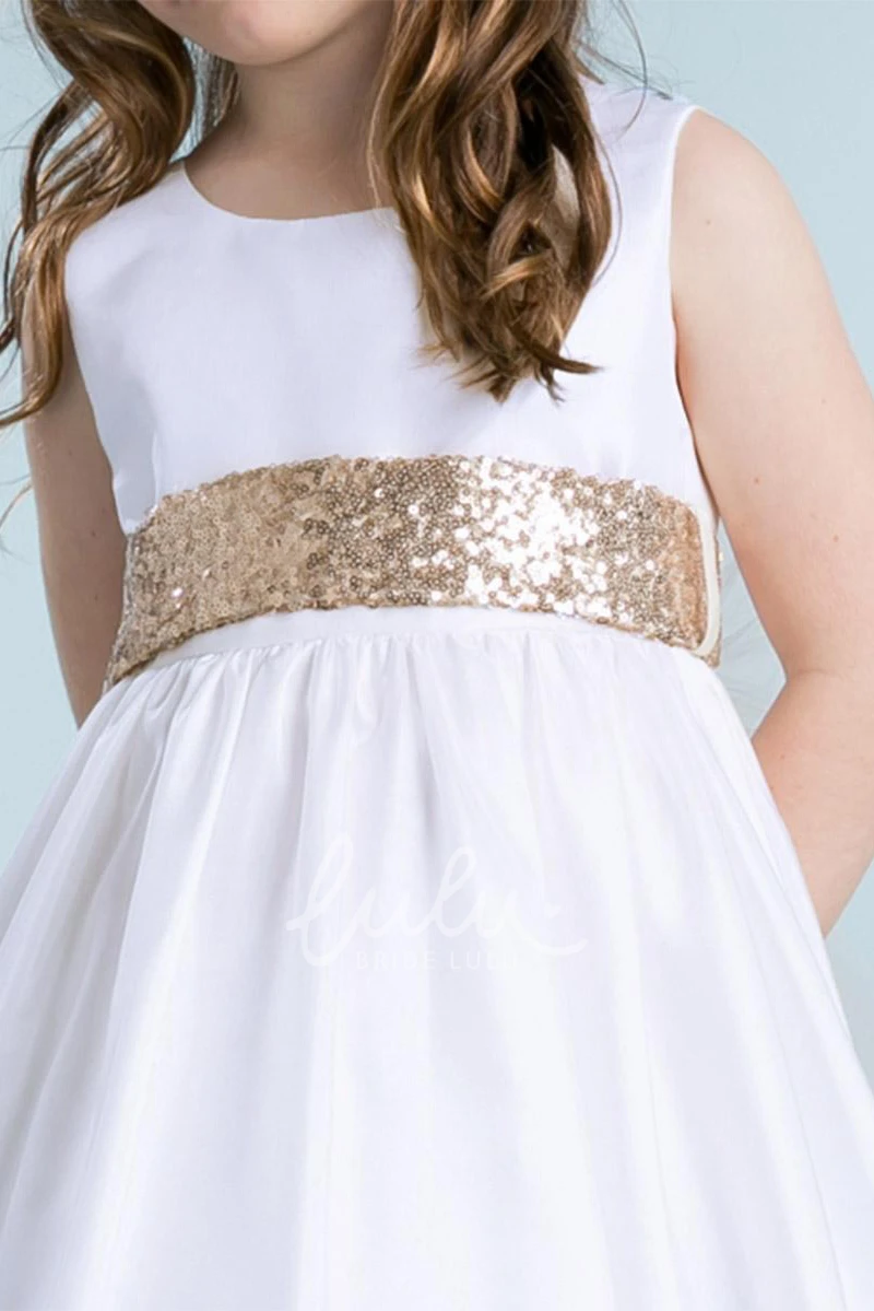 Sleeveless Tulle&Sequins Tea-Length Flower Girl Dress Elegant Wedding Dress