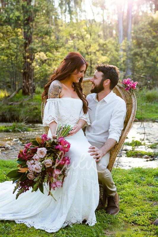 Off-the-shoulder Lace Sheath Wedding Dress with Zipper