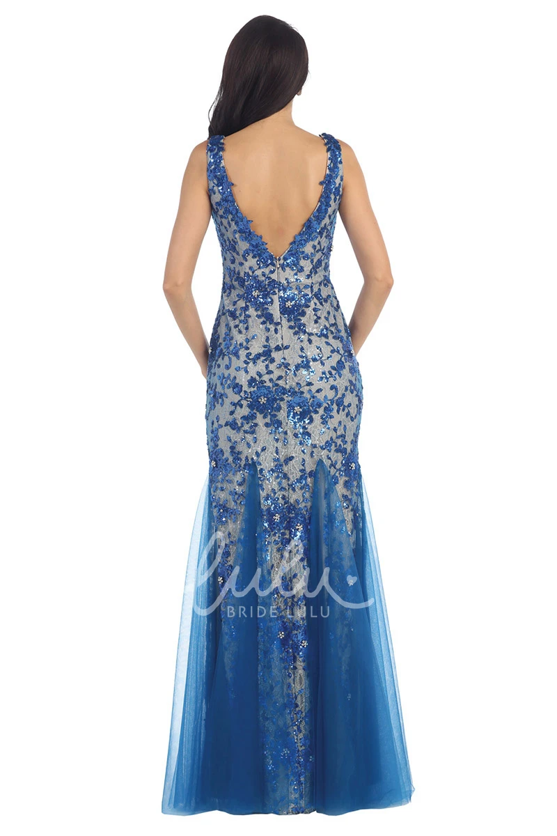 Sheath Tulle Formal Dress with Deep-V Back and Sequins