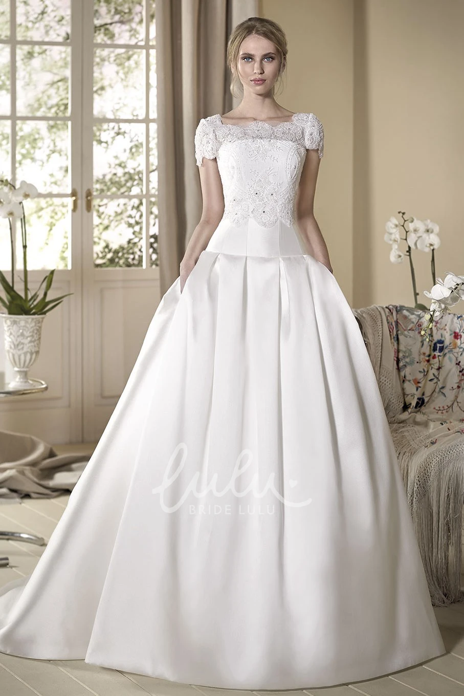 Lace Satin Wedding Dress with Cape A-Line Maxi Cap-Sleeve