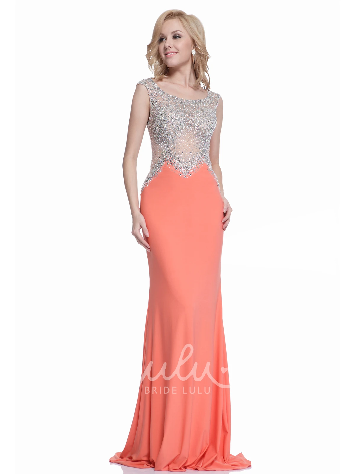 Sleeveless Jersey Illusion Formal Dress with Beading and Scoop Neck