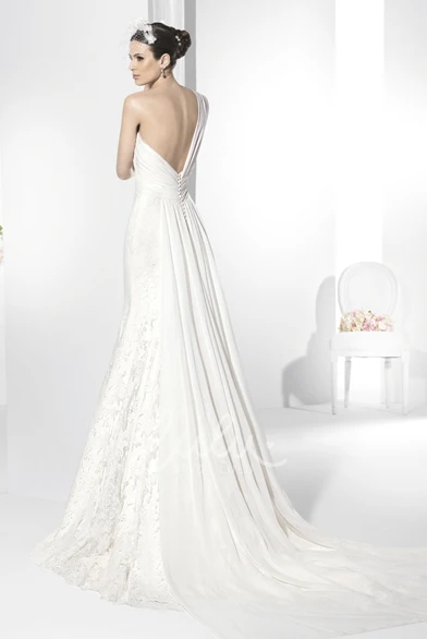 Ruched One-Shoulder Lace Wedding Dress Sleeveless Elegant