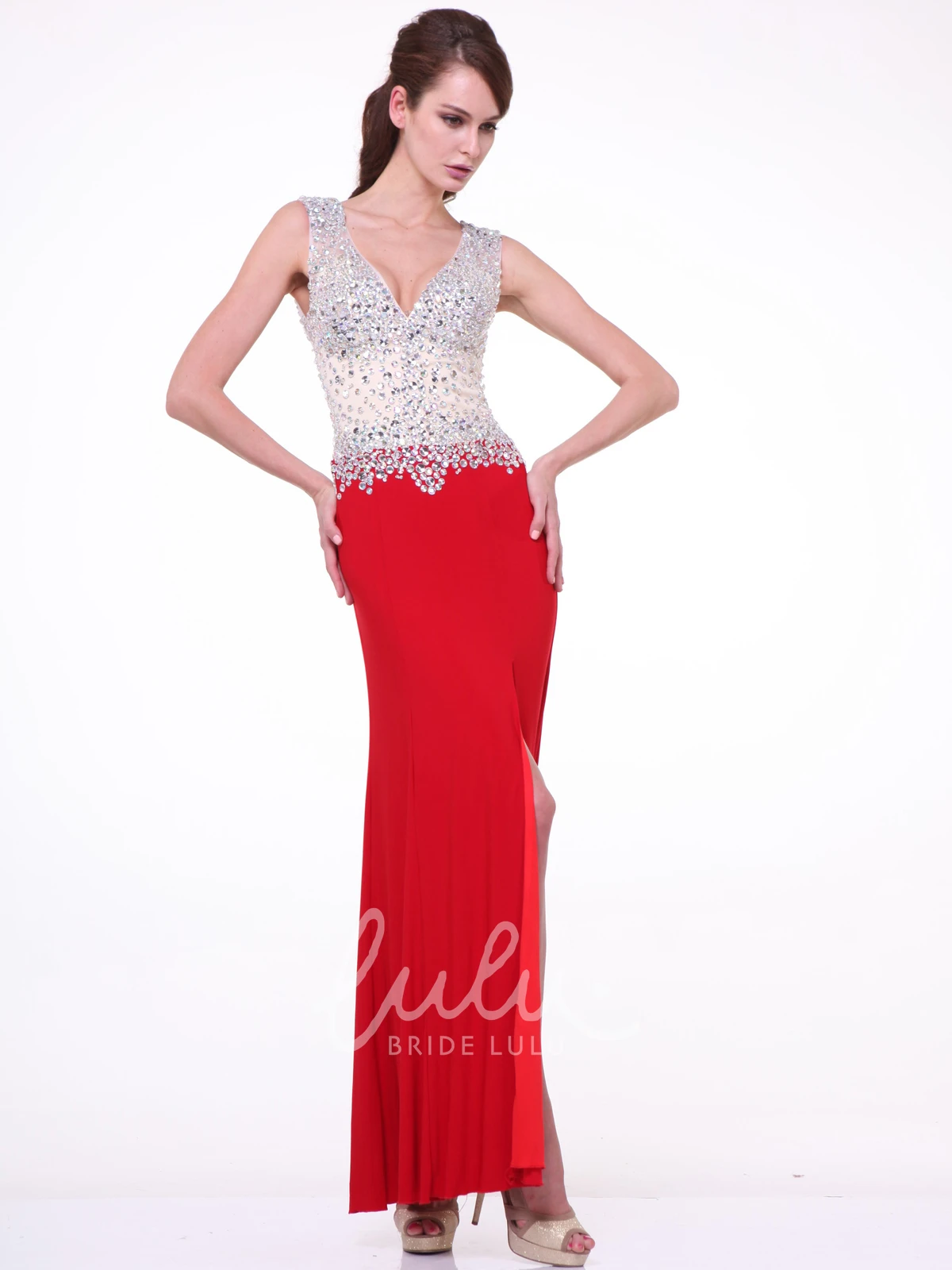 V-Neck Sleeveless Sheath Prom Dress with Beading and Split Front