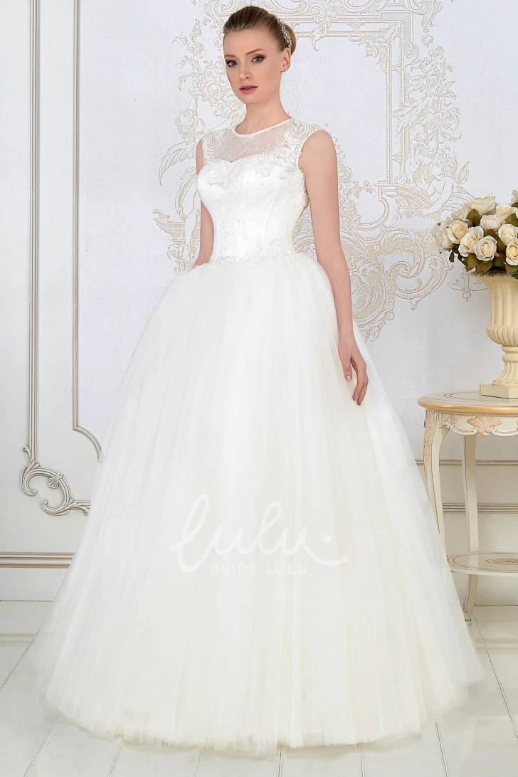 Beaded Scoop-Neck Tulle Ball Gown Wedding Dress Sleeveless and Floor-Length