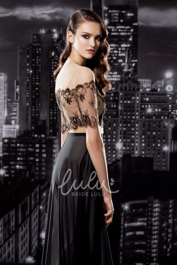 Off-The-Shoulder Sheath Short Sleeve Jersey Prom Dress with Lace and Draping