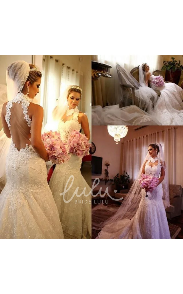 High Neck Lace Mermaid Spring Wedding Dress with Court Train 2026 Elegant