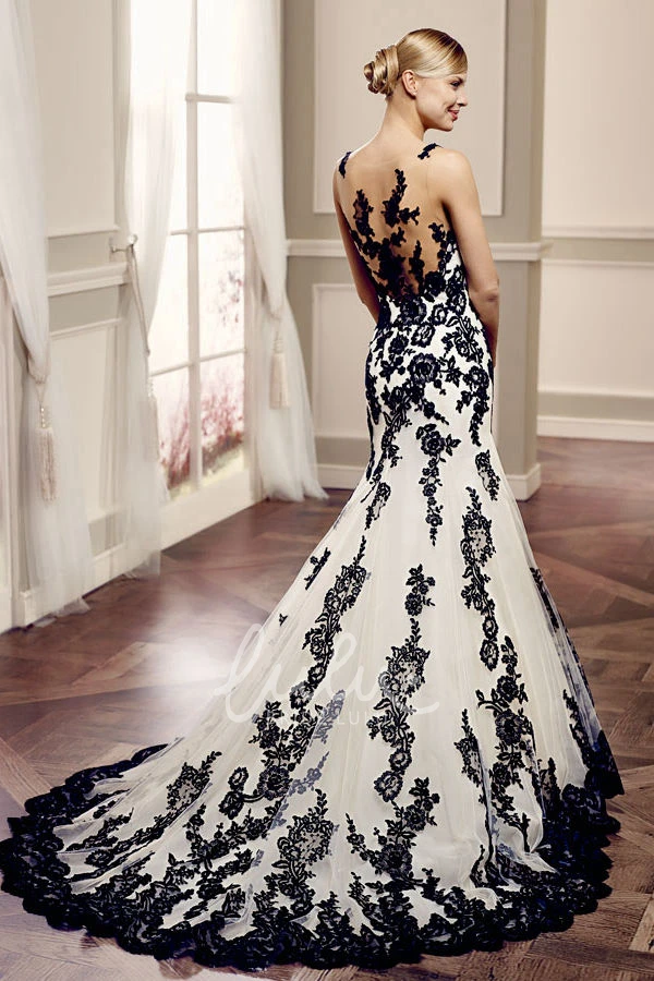 Bateau Neckline Lace Wedding Dress with Illusion Back and Court Train Mermaid Bridal Gown