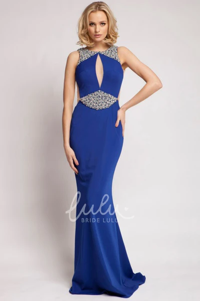 Beaded Scoop Neck Sleeveless Prom Dress with Brush Train Elegant Jersey Dress
