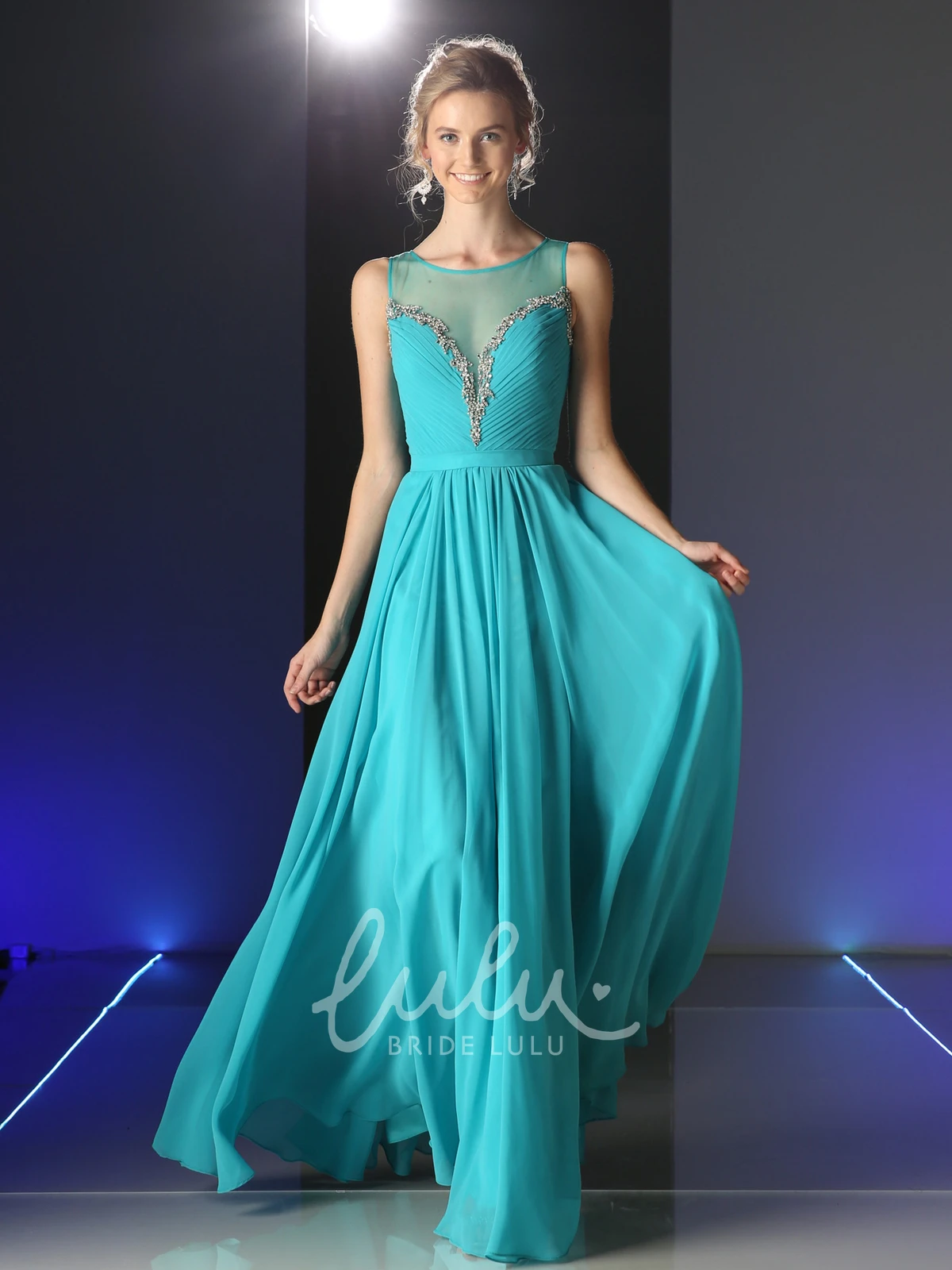 A-Line Chiffon Illusion Formal Dress with Ruching and Beading Long Sleeveless
