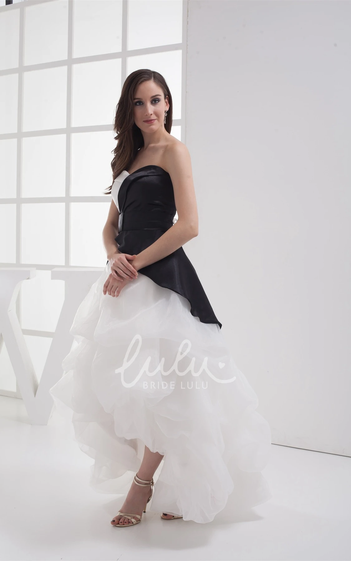 Organza High-Low Prom Dress with Ruffles and Tiered Skirt in Black and White