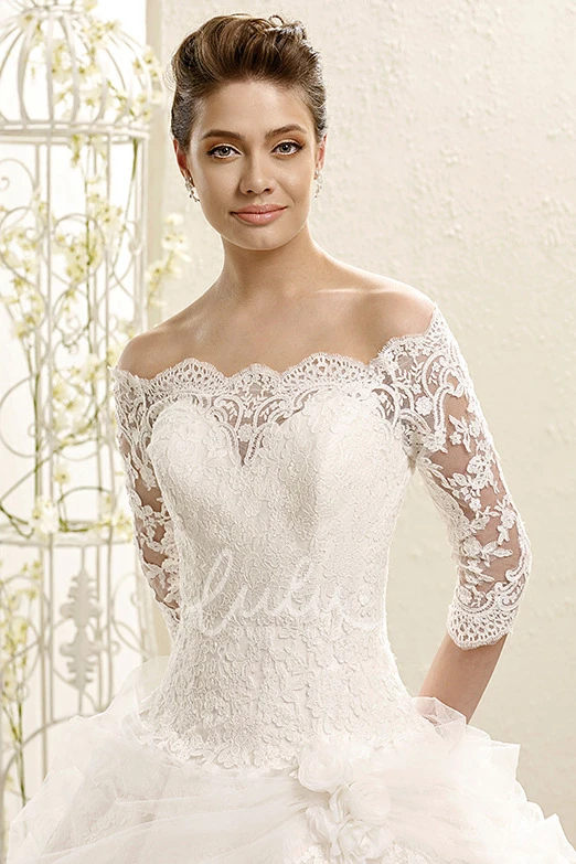 Off-The-Shoulder Ruffled Tulle Ball Gown Wedding Dress with Half-Sleeves