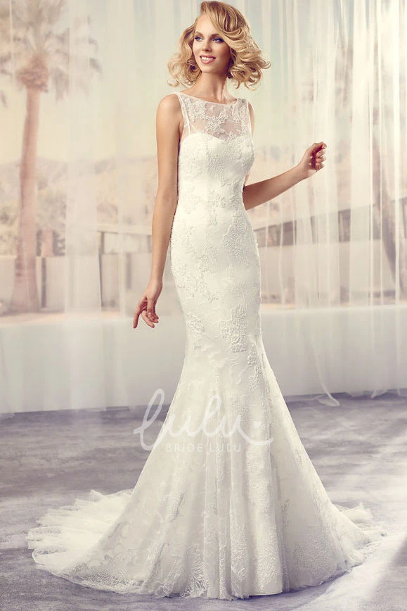Illusion Scoop Neckline Lace Wedding Dress with Court Train Unique Bridal Gown