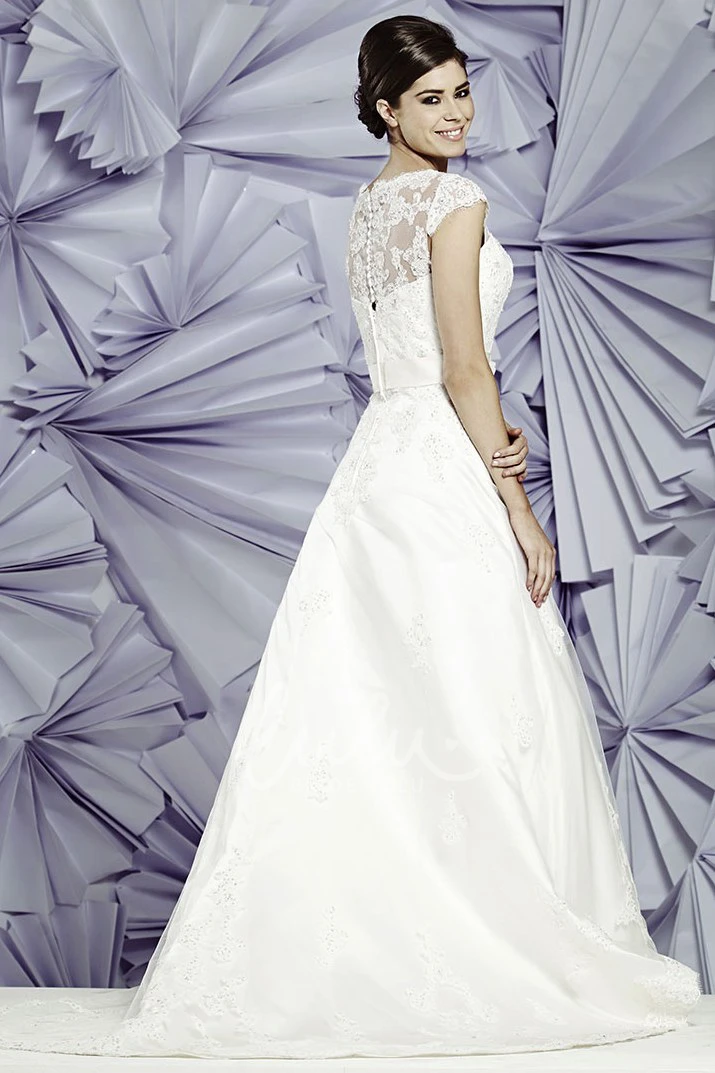 A-Line Cap-Sleeve Jewel-Neck Lace&Satin Wedding Dress Modern Wedding Dress